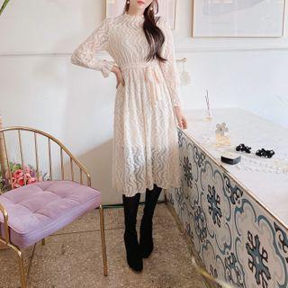 Smocked Napped Long Lace Dress With Sash