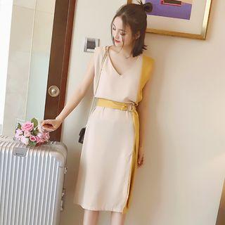 Color Panel Sleeveless Midi Sheath Dress