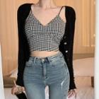 Plain Cardigan / Houndstooth Cropped Camisole Top