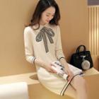 Bow Print Collared Long Sleeve Knit Dress