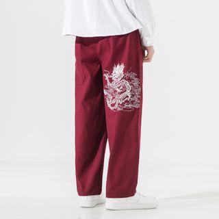 Dragon Embroidered Wide Leg Pants