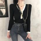 Color-block V-neck Long-sleeve Slim-fit Knit Top