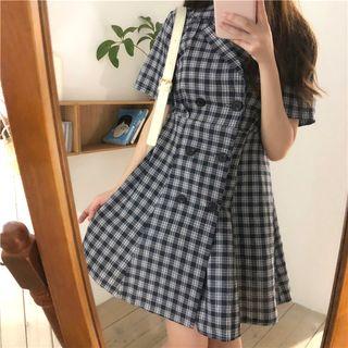 Short-sleeve Doubled Breasted Plaid A-line Mini Dress