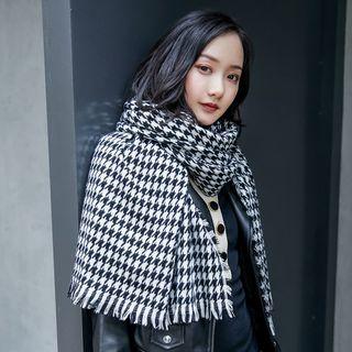 Houndstooth Fringed Scarf Black - One Size