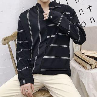 Long-sleeve Split Neck Pinstriped Top