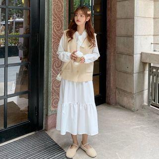 Tie-neck Long-sleeve Midi Shift Dress / Knit Vest