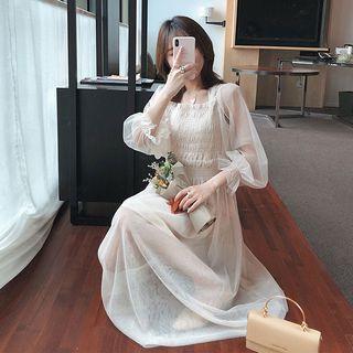 Set: Square-neck Long-sleeve A-line Dress + Slipdress