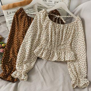 Off-shoulder Heart-print Smocked Crop Top