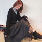 Set: Sleeveless Midi Mesh Dress + V-neck Cardigan Black - One Size