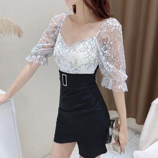 Mesh Panel Elbow-sleeve Asymmetric Mini Sheath Dress