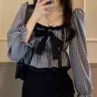 Long-sleeve Gingham Bow Accent Ruffle Hem Crop Top