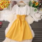 Mock Two-piece Puff-sleeve Ruffled Lace-up Dress