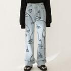 Washed Printed Wide Leg Jeans