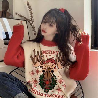 Deer Print Panel Round Neck Sweater