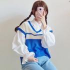 Balloon-sleeve Shirt / Two Tone V-neck Knit Vest