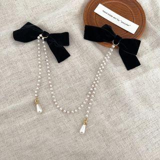 Bow Velvet Faux Pearl Chain Hair Clip Black - One Size