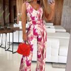 Sleeveless Belted Floral Print Wide Leg Jumpsuit