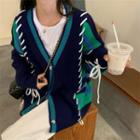 Long-sleeve Color Block Striped Cardigan Navy Blue & Green - One Size