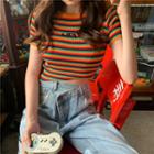 Rainbow Striped Lettering Short-sleeve Cropped Knit Top As Shown In Figure - One Size