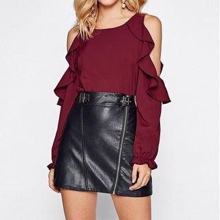 Ruffle Trim Cold-shoulder Long-sleeve Blouse