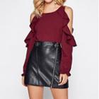 Ruffle Trim Cold-shoulder Long-sleeve Blouse