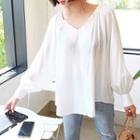 Tall Size Shirred Bishop-sleeve Blouse White - Xl