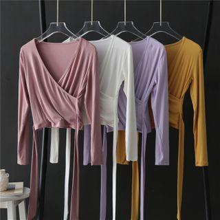 Long-sleeve Wrap Plain Top