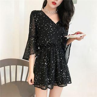 V-neck Star Print Flared-cuff Playsuit