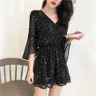 V-neck Star Print Flared-cuff Playsuit