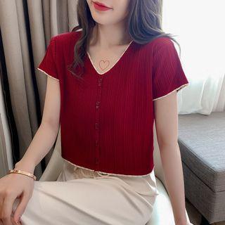 V-neck Short-sleeve T-shirt Wine Red - One Size