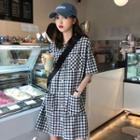Color-block Plaid Short-sleeve Dress As Shown In Figure - One Size