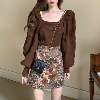 Bubble-sleeve Loose Knit Top / Painting Mini Skirt