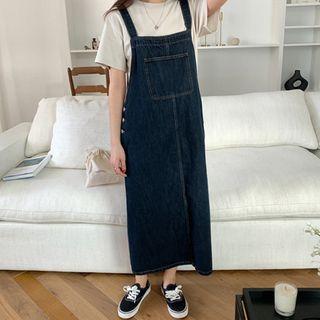 Button-side Long Suspender Denim Dress Dark Blue - One Size