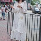 Long-sleeve Floral Print Chiffon Midi Dress Off-white - One Size