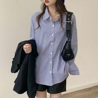 Striped Shirt / Faux Leather Wide-leg Shorts