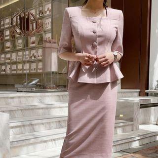 Set: Short-sleeve Button-up Top + Skirt + Belt