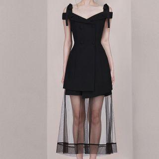 Set: Cold-shoulder Double-breasted A-line Dress + Wide-leg Shorts