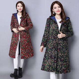 Floral Print Hooded Long Coat