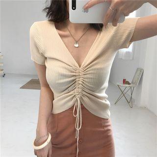 Drawstring Short-sleeve Ribbed Knit Top