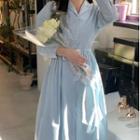 Plain Midi A-line Shirt Dress Blue - One Size