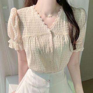 Puff-sleeve Lace-trim Crinkled Blouse