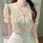 Puff-sleeve Lace-trim Crinkled Blouse