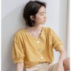 V-neck Elbow-sleeve Blouse Yellow - One Size
