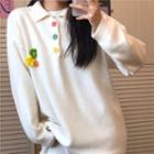 Long-sleeve Flower Embroidered Knit Dress White - One Size