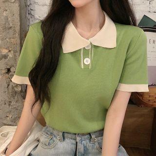 Short-sleeve Two-tone Knit Polo Shirt