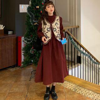 Long-sleeve Frill Trim Midi A-line Dress / Floral Embroidered Vest