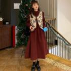 Long-sleeve Frill Trim Midi A-line Dress / Floral Embroidered Vest
