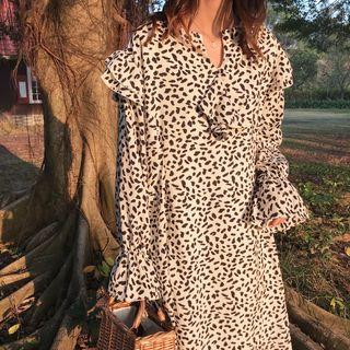 Long-sleeve Ruffle-trim Print Midi Dress