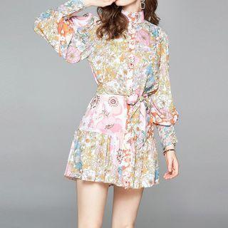 Floral Stand-collar Mini A-line Dress