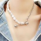 Asymmetric Alloy Bar Faux Pearl Necklace Silver - One Size